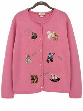 Vintage Tia Puppy Dog Cardigan Sweater Large Pink Michael Simon Inspired